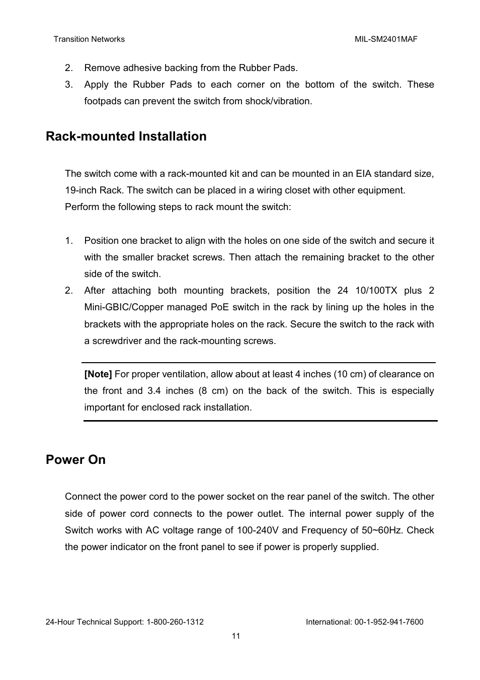 Rack-mounted installation, Power on | Transition Networks MIL-SM2401MAF User Manual | Page 17 / 111