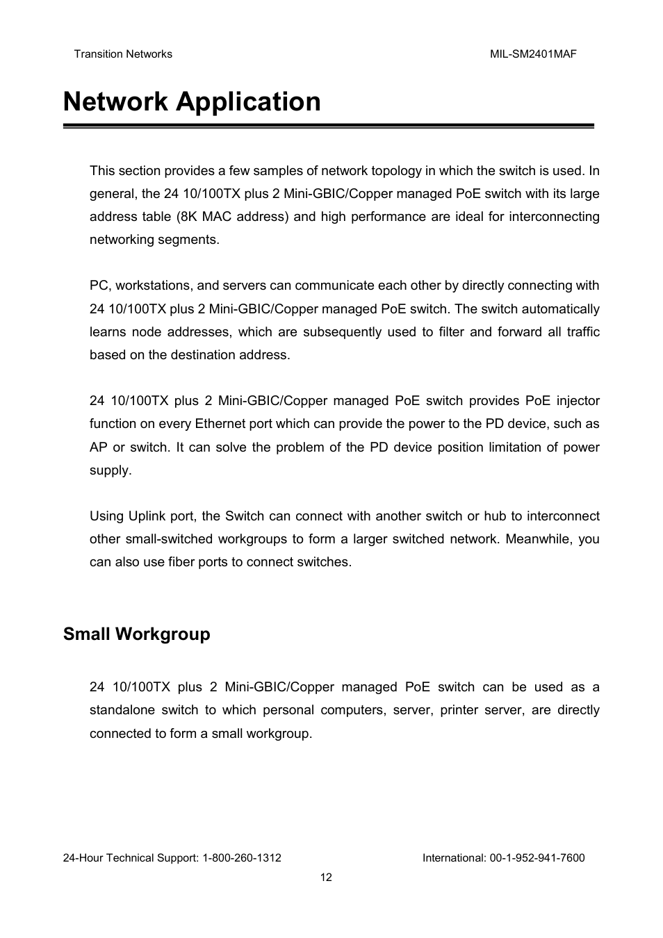 Network application, Small workgroup | Transition Networks MIL-SM2401MAF User Manual | Page 18 / 111