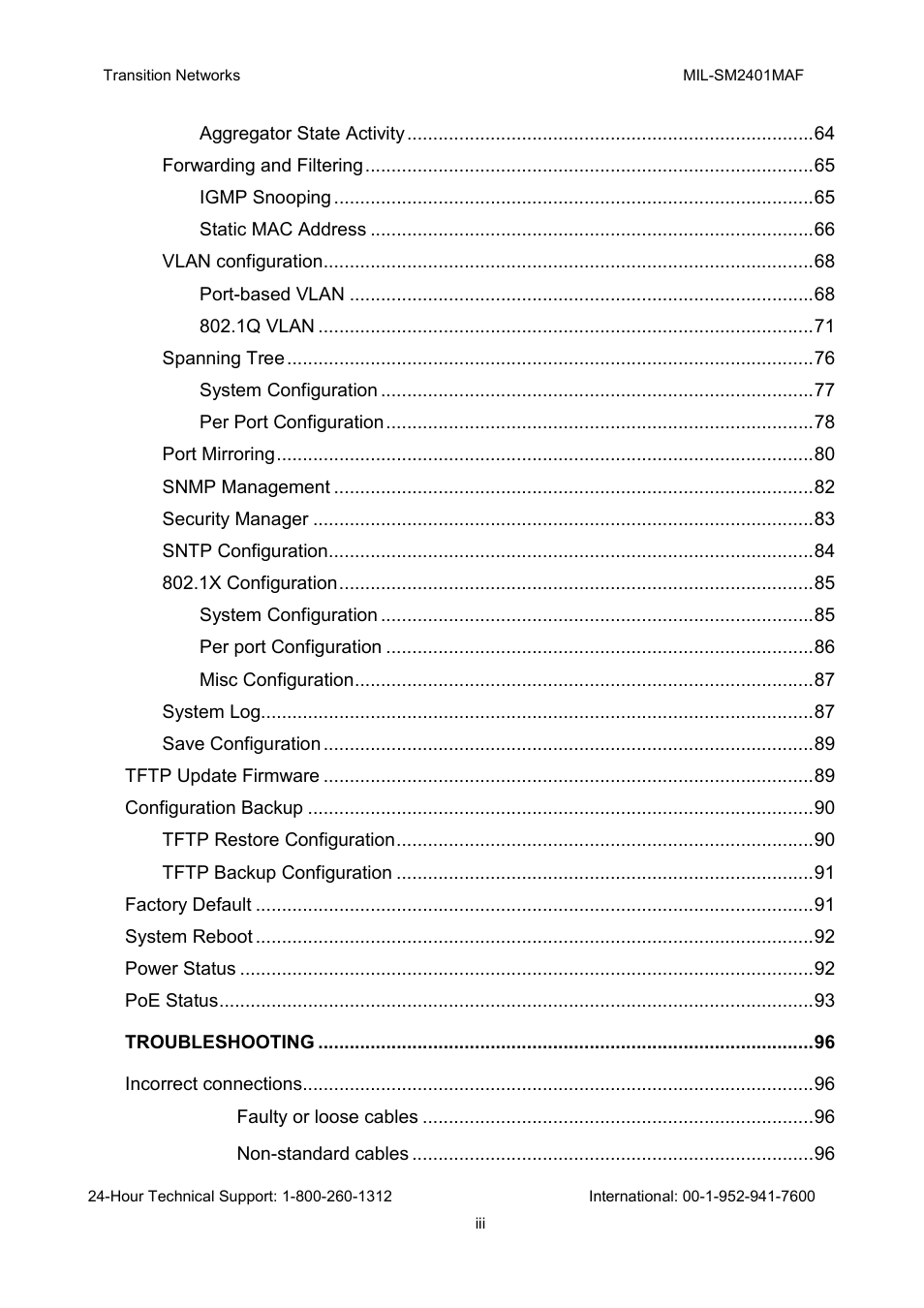 Transition Networks MIL-SM2401MAF User Manual | Page 5 / 111
