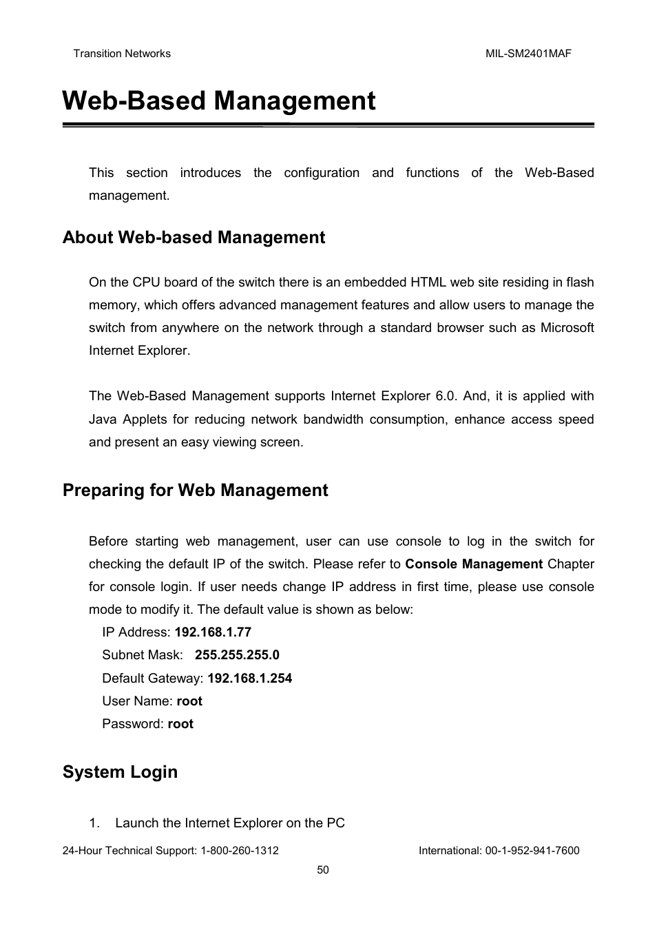 Web-based management, About web-based management, Preparing for web management | System login | Transition Networks MIL-SM2401MAF User Manual | Page 56 / 111