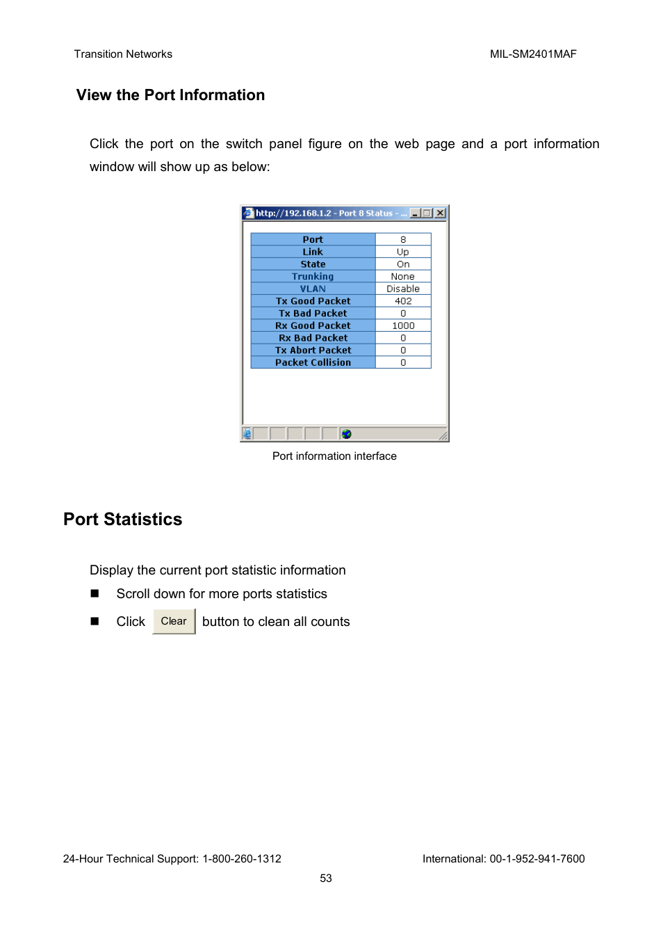 Port statistics, View the port information | Transition Networks MIL-SM2401MAF User Manual | Page 59 / 111