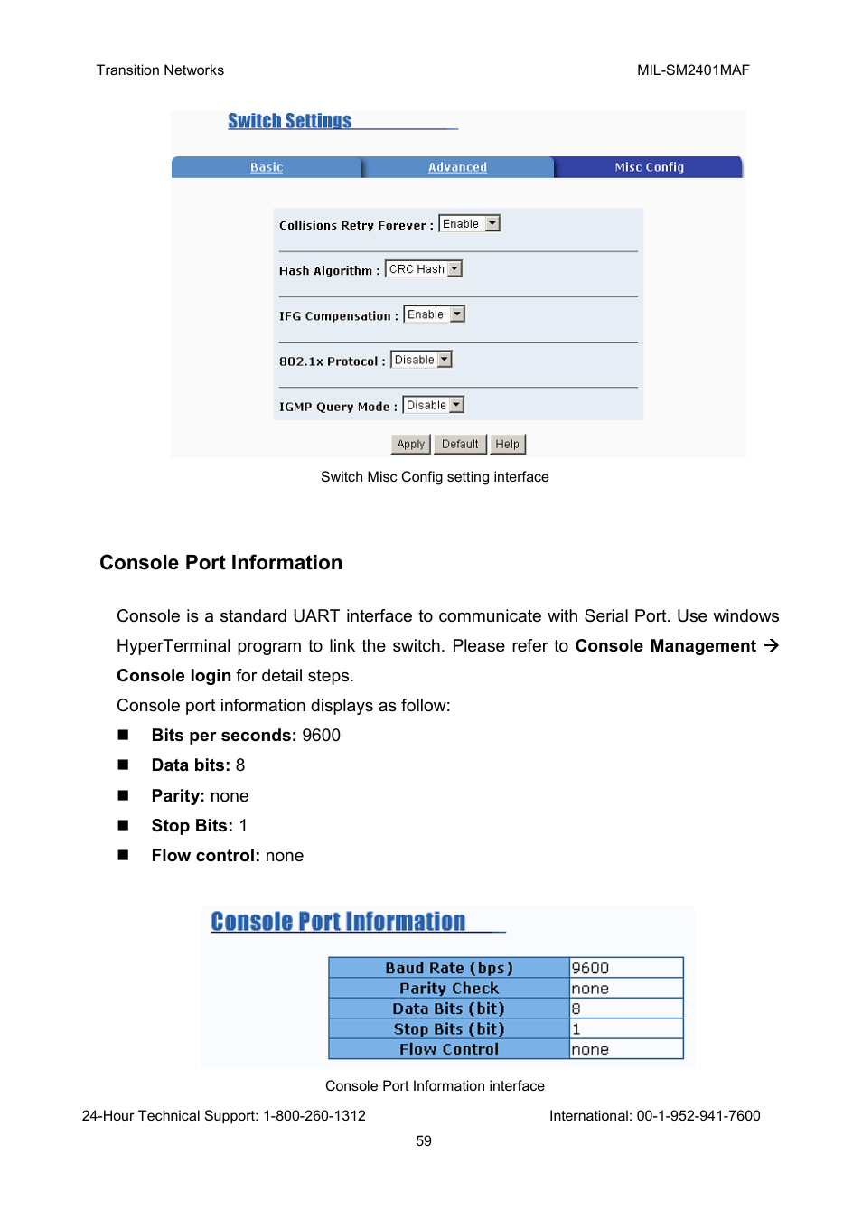 Console port information | Transition Networks MIL-SM2401MAF User Manual | Page 65 / 111