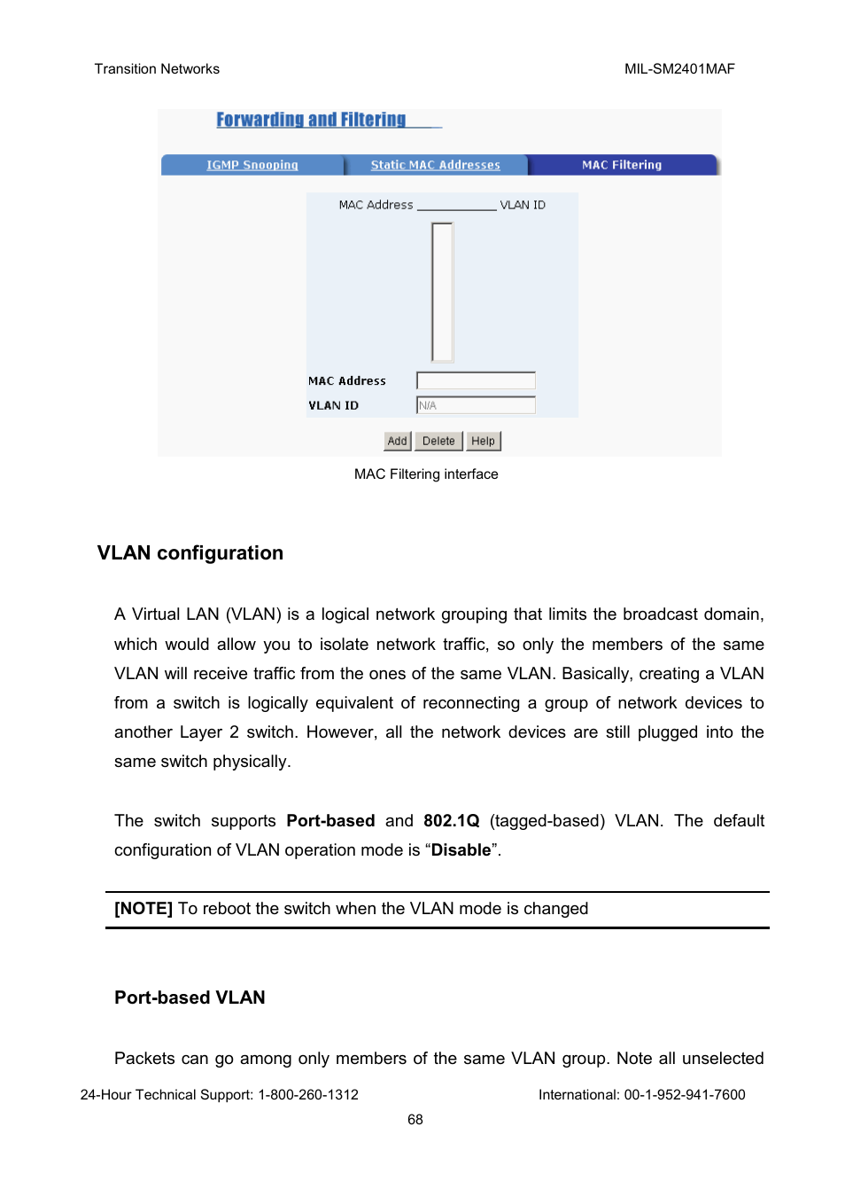 Vlan configuration | Transition Networks MIL-SM2401MAF User Manual | Page 74 / 111