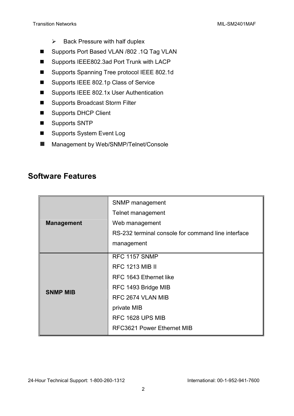 Software features | Transition Networks MIL-SM2401MAF User Manual | Page 8 / 111