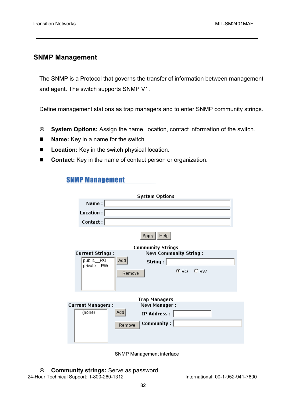 Snmp management | Transition Networks MIL-SM2401MAF User Manual | Page 88 / 111