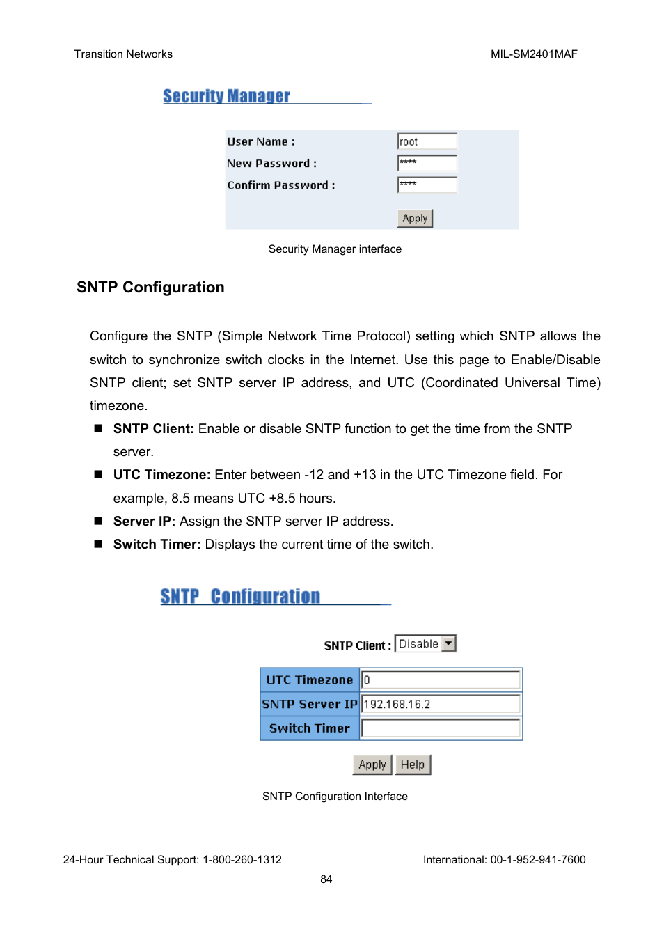 Sntp configuration | Transition Networks MIL-SM2401MAF User Manual | Page 90 / 111