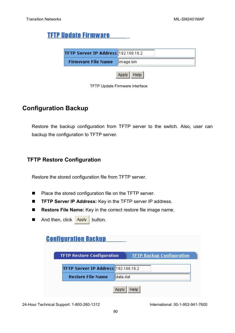 Configuration backup, Tftp restore configuration | Transition Networks MIL-SM2401MAF User Manual | Page 96 / 111