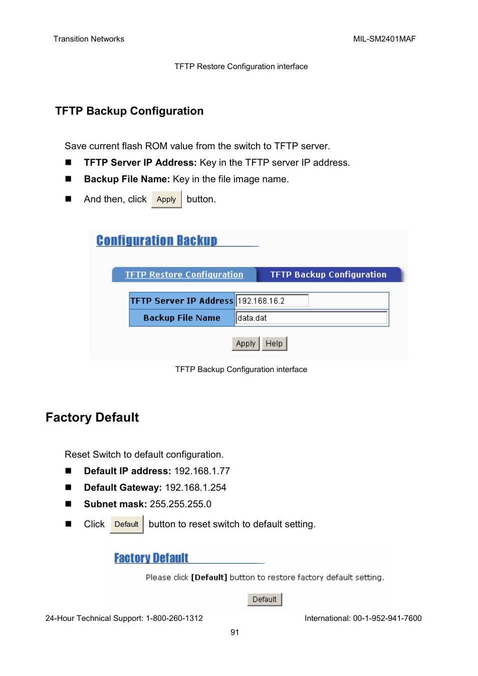 Factory default, Tftp backup configuration | Transition Networks MIL-SM2401MAF User Manual | Page 97 / 111