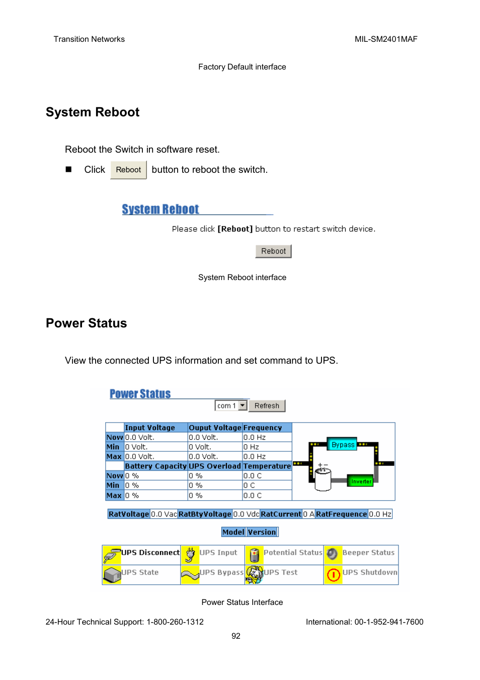 System reboot, Power status | Transition Networks MIL-SM2401MAF User Manual | Page 98 / 111