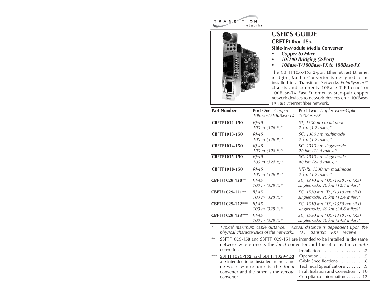 Transition Networks CBFTF10XX-15X User Manual | 7 pages