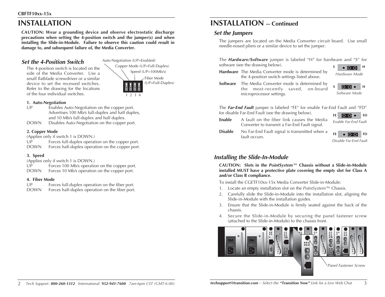 Installation, Set the 4-position switch, Continued set the jumpers | Installing the slide-in-module, 050½ link alert e d, Lks pwr lkm lks pwr lkm, Term init rx tx lnk pwr | Transition Networks CBFTF10XX-15X User Manual | Page 2 / 7