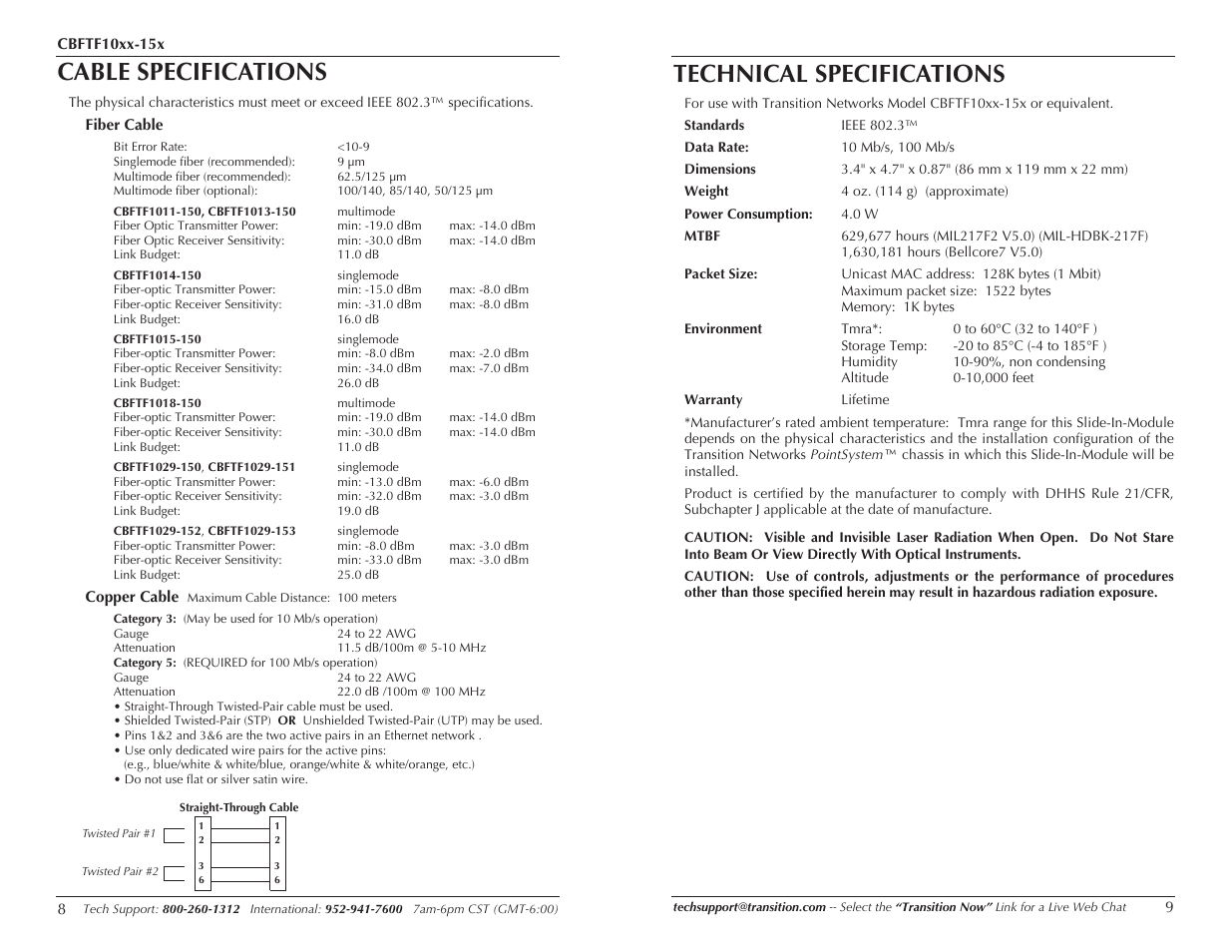 Cable specifications, Technical specifications | Transition Networks CBFTF10XX-15X User Manual | Page 5 / 7