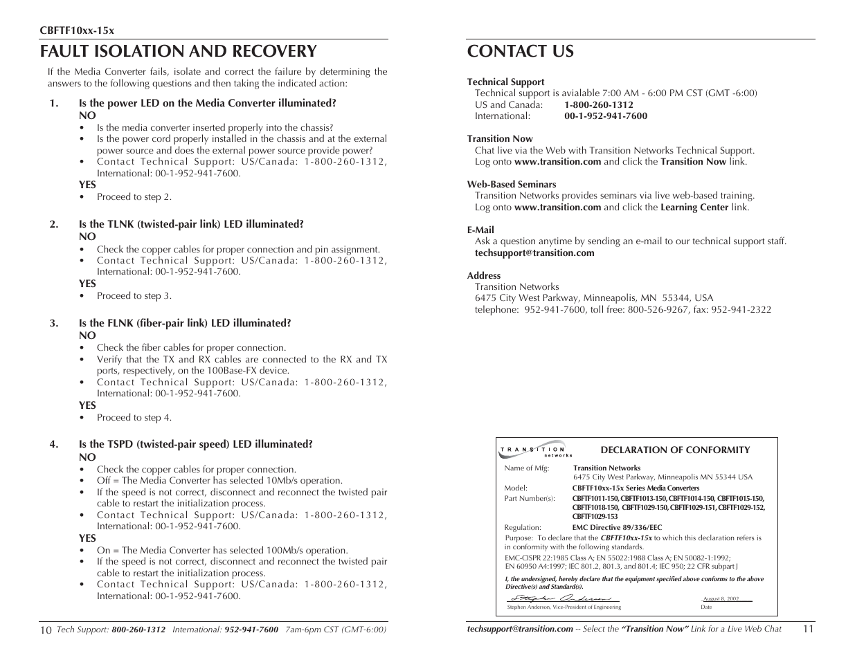 Fault isolation and recovery, Contact us | Transition Networks CBFTF10XX-15X User Manual | Page 6 / 7
