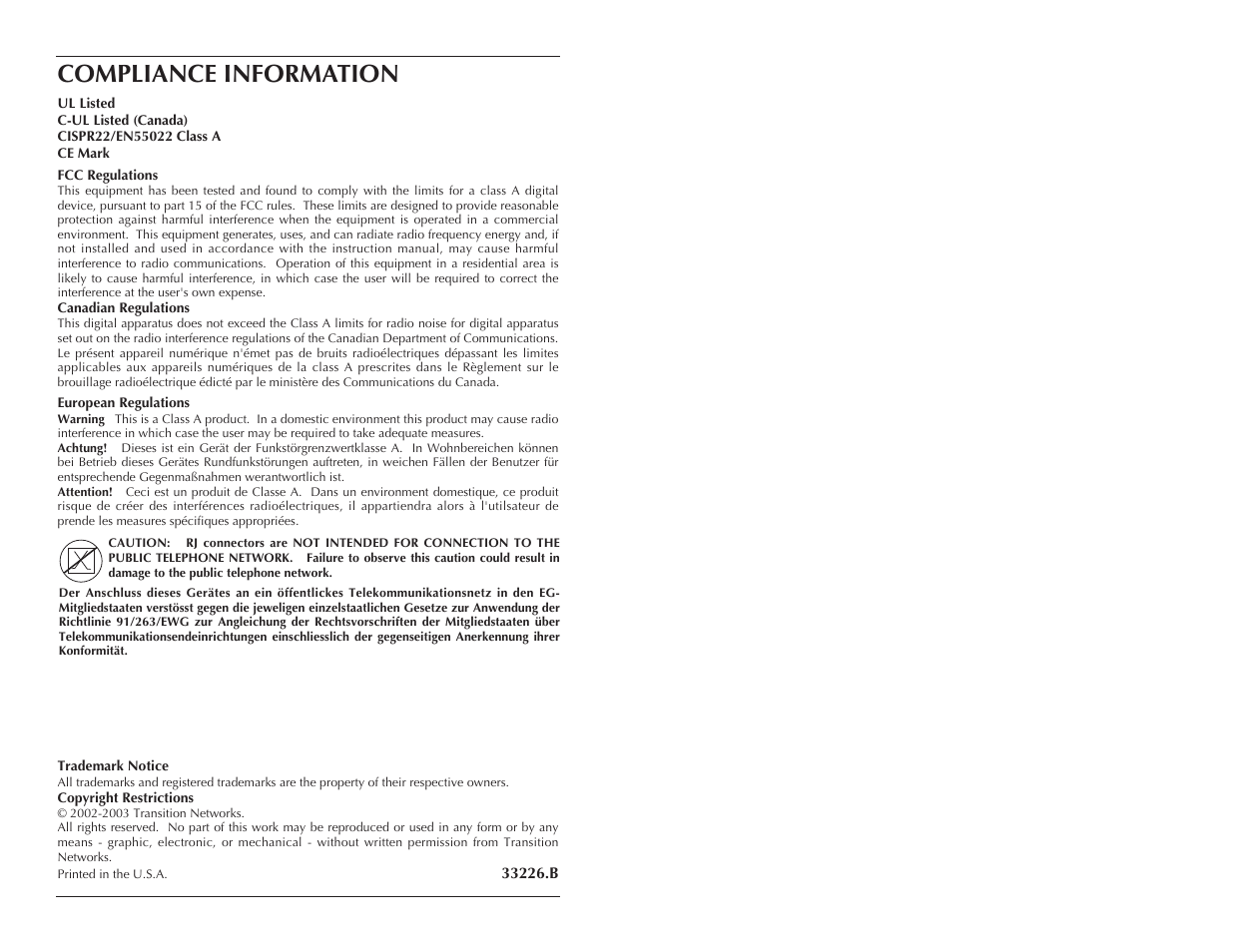 Compliance information | Transition Networks CBFTF10XX-15X User Manual | Page 7 / 7