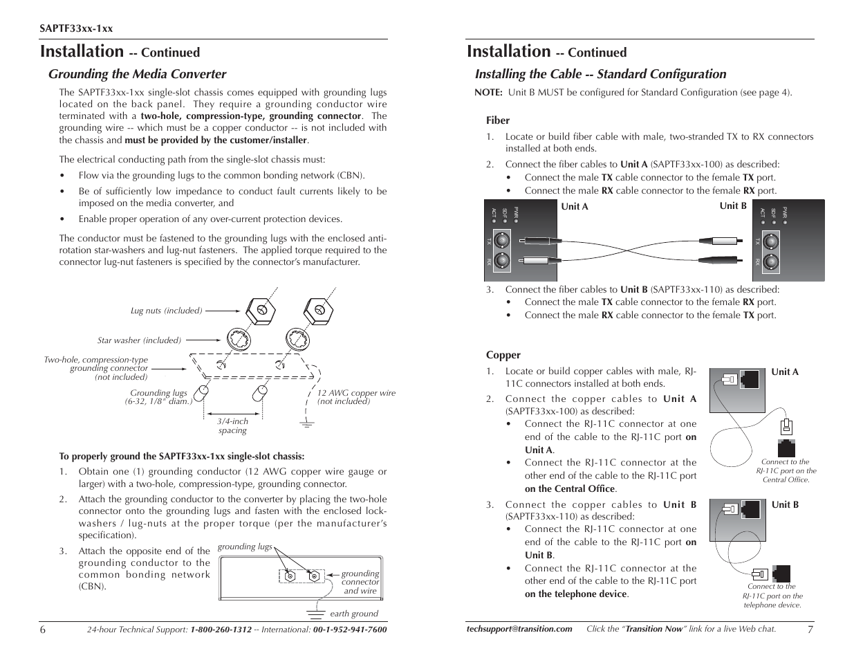 Installation, Continued grounding the media converter | Transition Networks SAPTF33xx-100 User Manual | Page 2 / 5