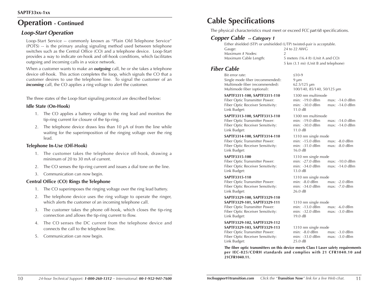 Operation, Cable specifications, Continued loop-start operation | Copper cable, Fiber cable | Transition Networks SAPTF33xx-100 User Manual | Page 4 / 5