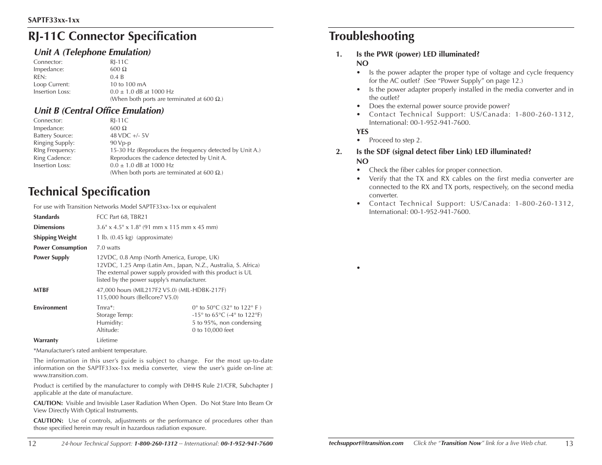 Technical specification, Rj-11c connector specification, Troubleshooting | Unit a (telephone emulation), Unit b (central office emulation) | Transition Networks SAPTF33xx-100 User Manual | Page 5 / 5