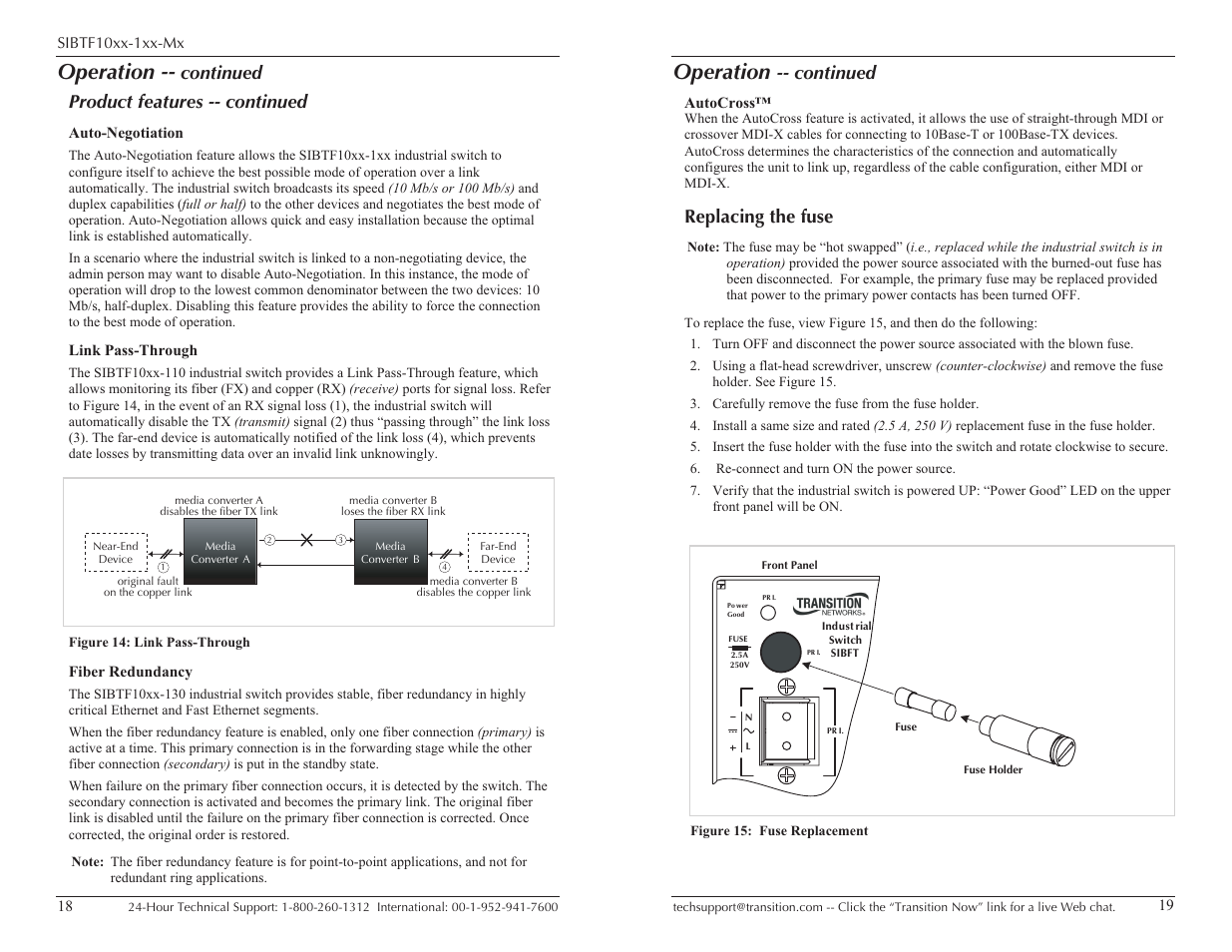 Operation, Continued product features -- continued, Continued | Replacing the fuse | Transition Networks SIBTF10XX-1XX-MS User Manual | Page 10 / 15