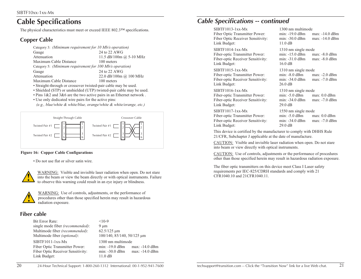 Cable specifications, Cable specifications -- continued, Copper cable | Fiber cable | Transition Networks SIBTF10XX-1XX-MS User Manual | Page 11 / 15