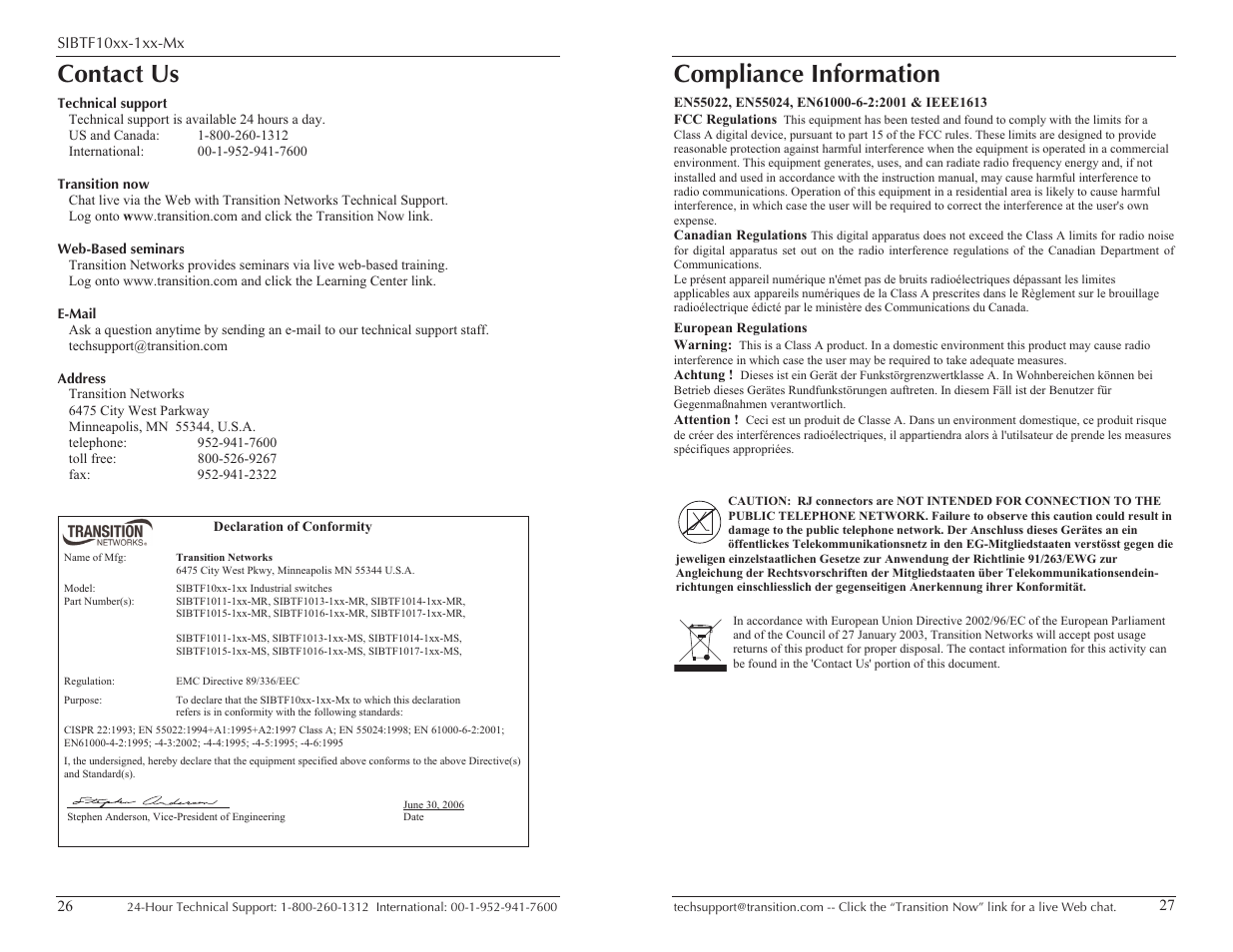 Contact us, Compliance information | Transition Networks SIBTF10XX-1XX-MS User Manual | Page 14 / 15