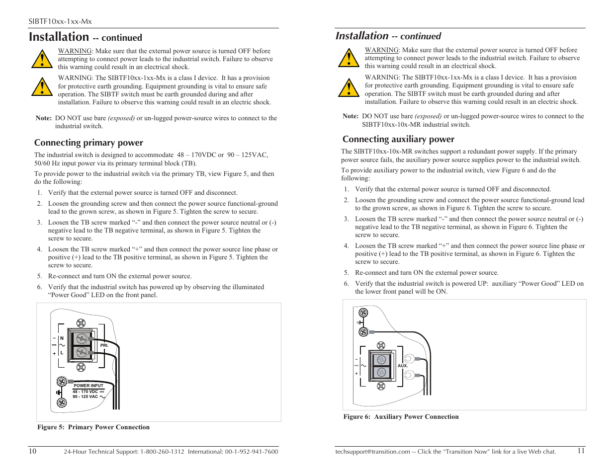 Installation, Continued, Connecting primary power | Connecting auxiliary power | Transition Networks SIBTF10XX-1XX-MS User Manual | Page 6 / 15