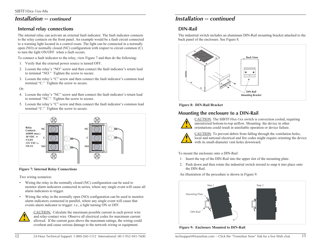 Installation, Installation -- continued, Continued internal relay connections | Mounting the enclosure to a din-rail, Din-rail | Transition Networks SIBTF10XX-1XX-MS User Manual | Page 7 / 15