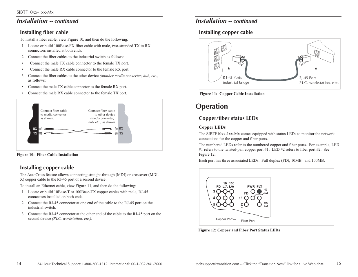 Operation, Installation, Continued installing fiber cable | Installing copper cable, Continued installing copper cable, Copper/fiber status leds | Transition Networks SIBTF10XX-1XX-MS User Manual | Page 8 / 15