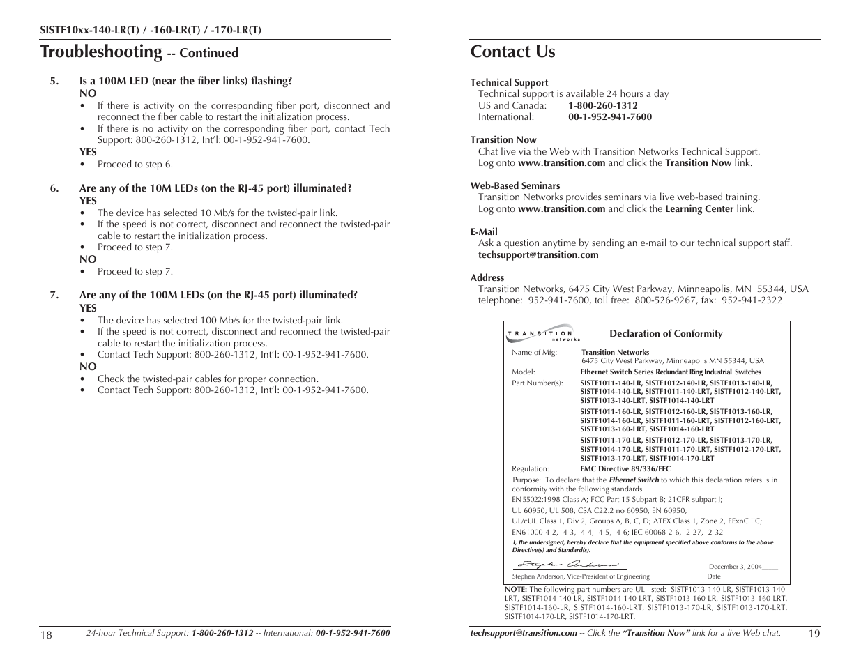 Troubleshooting, Contact us, Continued | Transition Networks SISTF10XX-160-LR(T) User Manual | Page 10 / 11