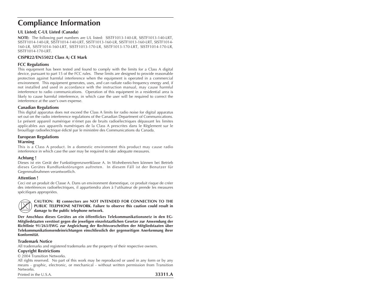 Compliance information | Transition Networks SISTF10XX-160-LR(T) User Manual | Page 11 / 11