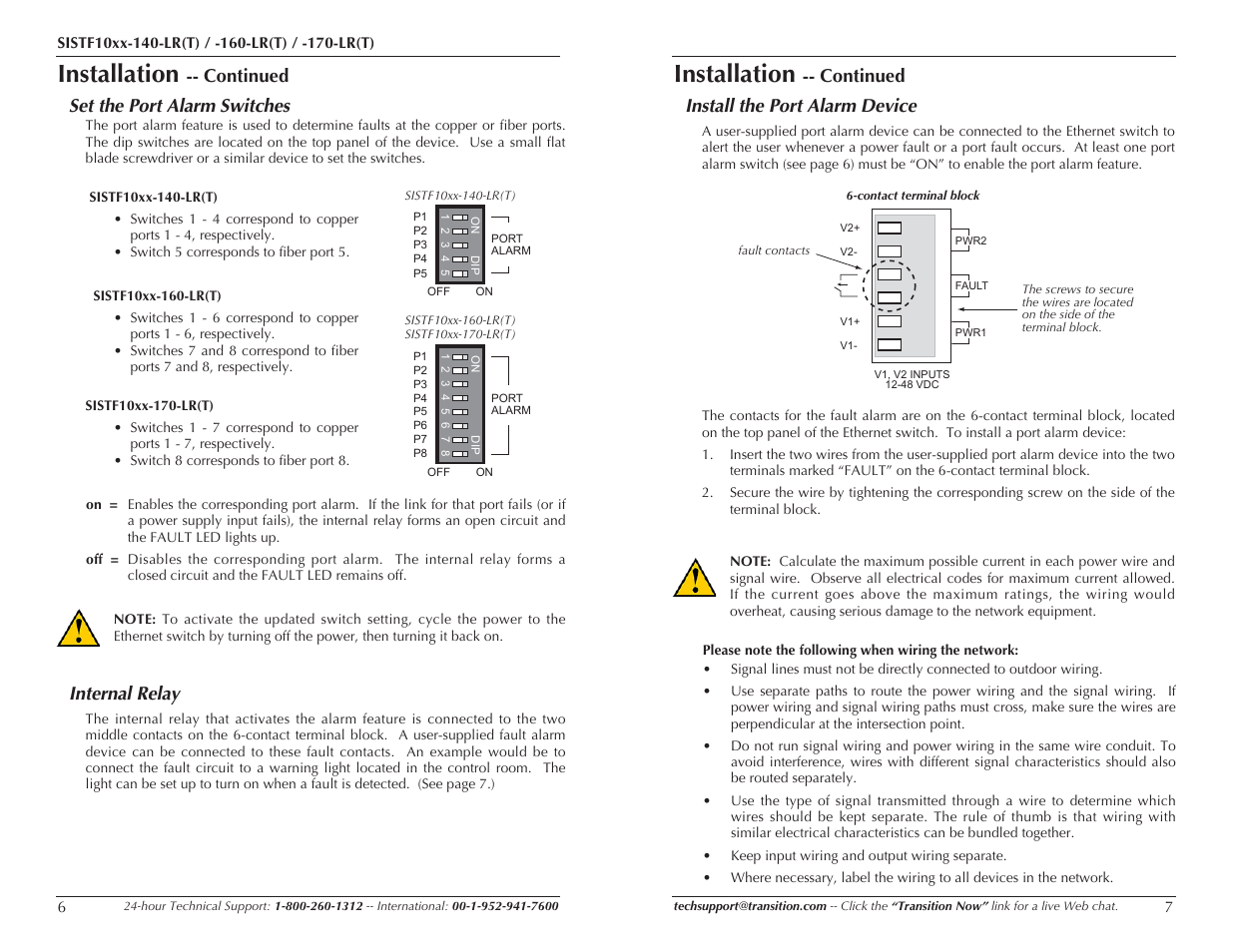 Installation, Continued set the port alarm switches, Internal relay | Continued install the port alarm device | Transition Networks SISTF10XX-160-LR(T) User Manual | Page 4 / 11