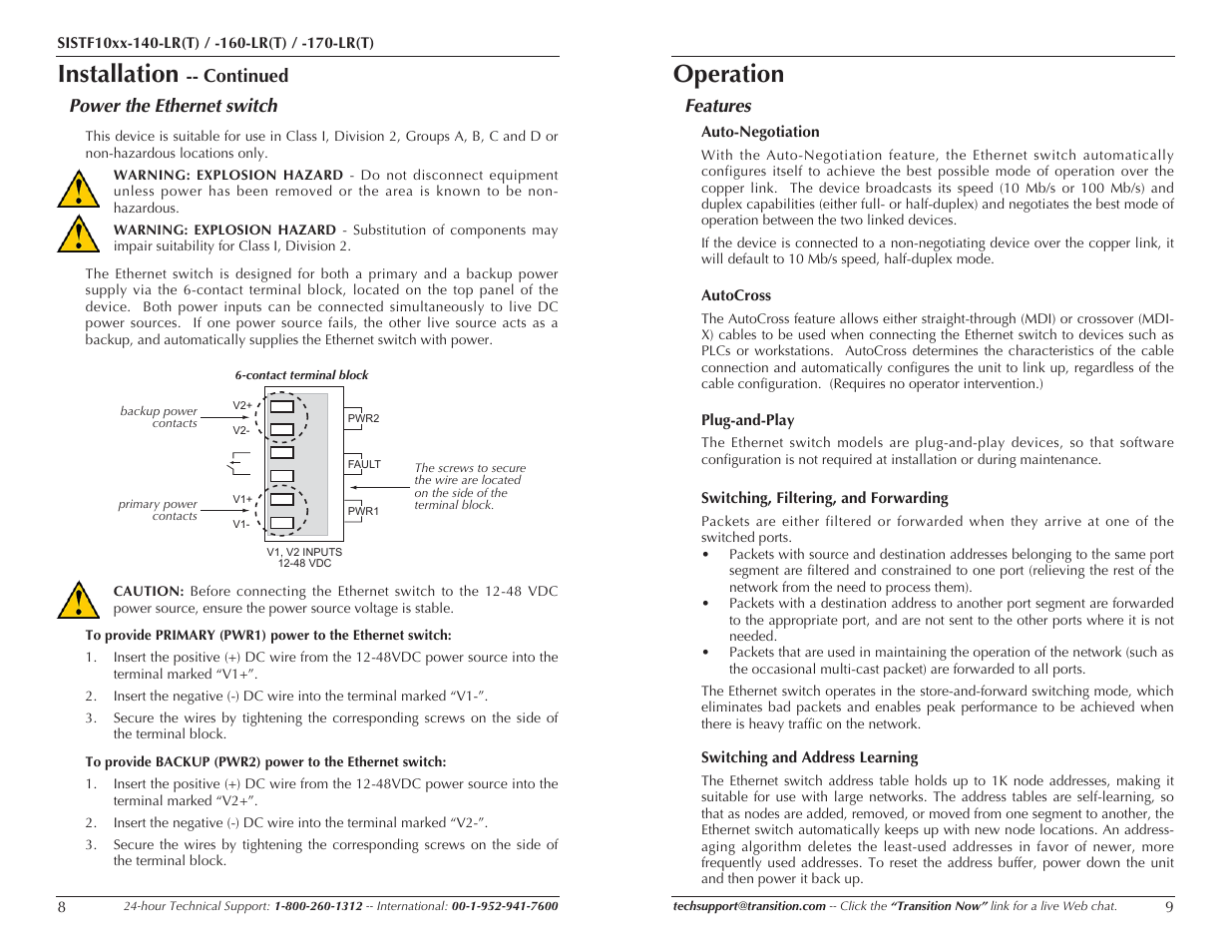 Installation, Operation, Continued power the ethernet switch | Features | Transition Networks SISTF10XX-160-LR(T) User Manual | Page 5 / 11