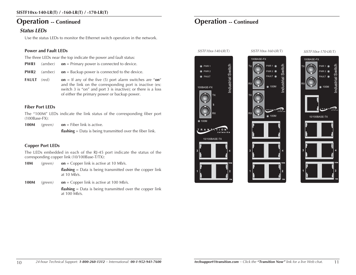 Operation, Continued status leds, Continued | Transition Networks SISTF10XX-160-LR(T) User Manual | Page 6 / 11