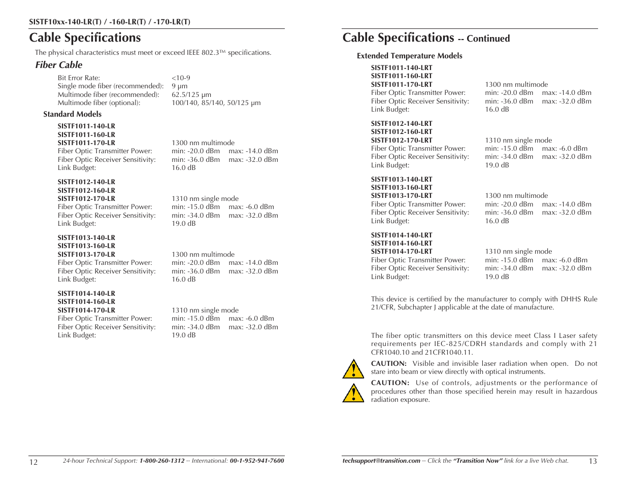 Cable specifications, Continued, Fiber cable | Transition Networks SISTF10XX-160-LR(T) User Manual | Page 7 / 11