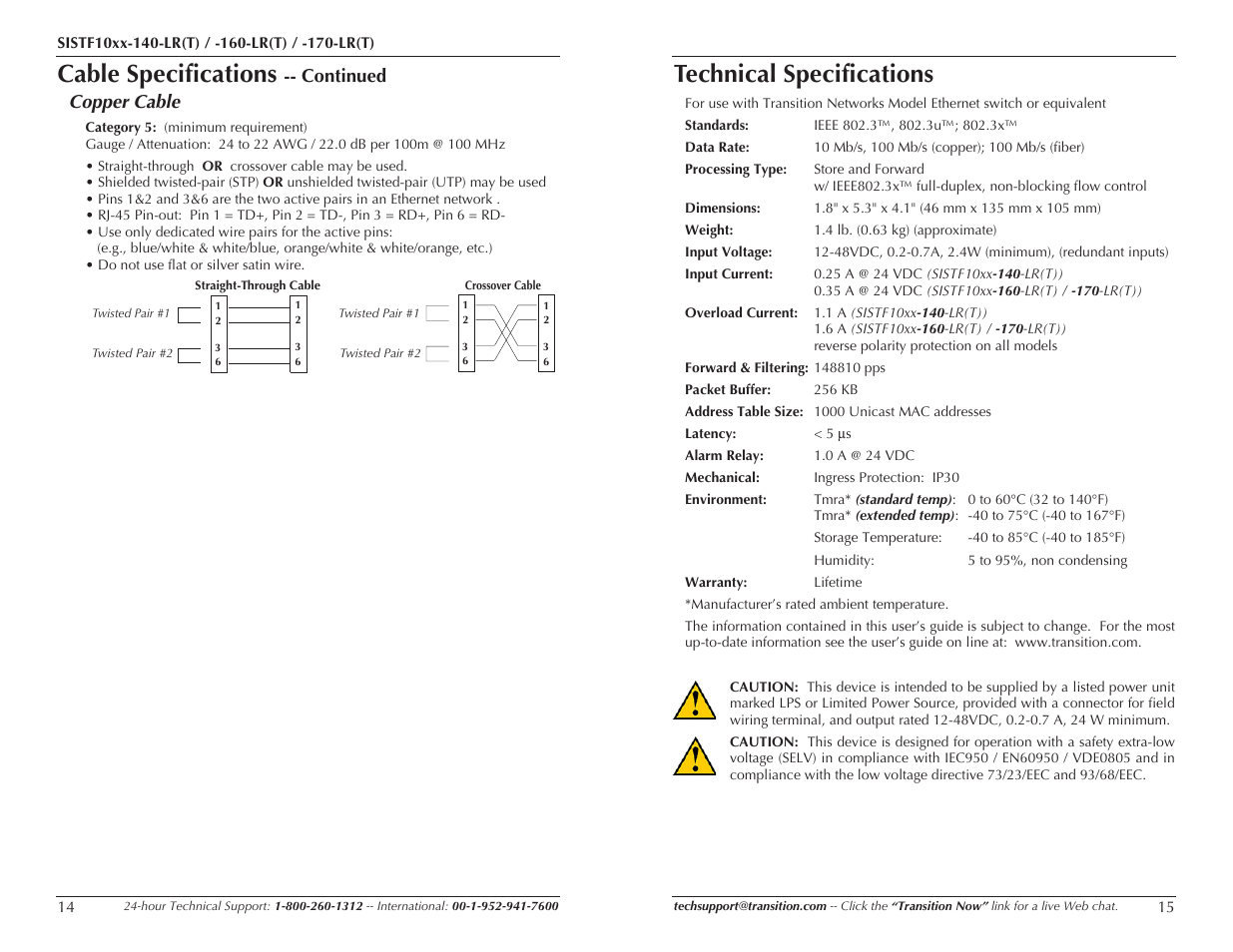 Cable specifications, Technical specifications, Continued copper cable | Transition Networks SISTF10XX-160-LR(T) User Manual | Page 8 / 11