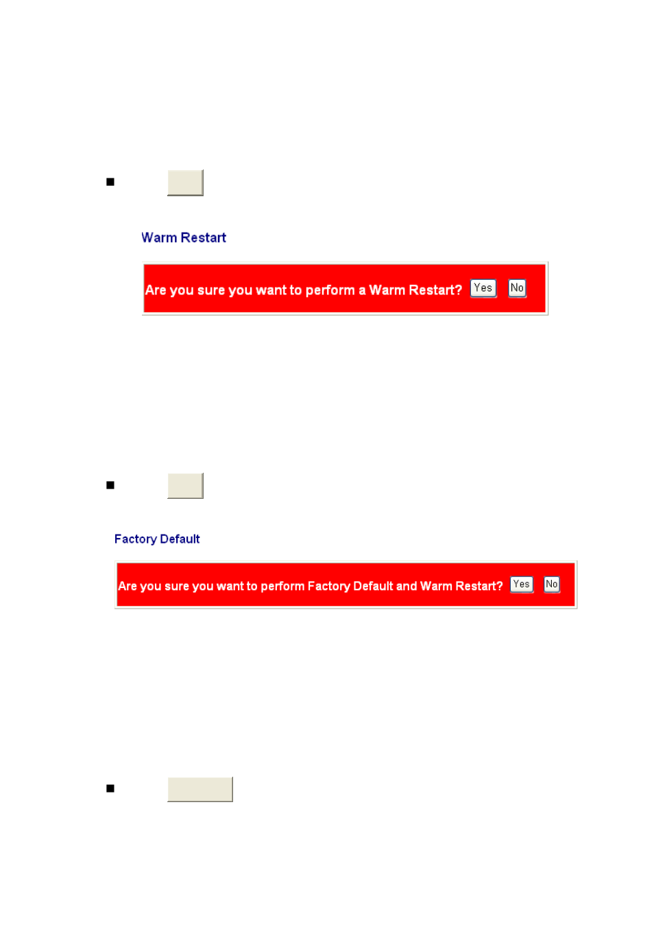 System restart, Factory default, Firmware upload | Transition Networks MIL-SW8T1GPA User Manual | Page 35 / 41