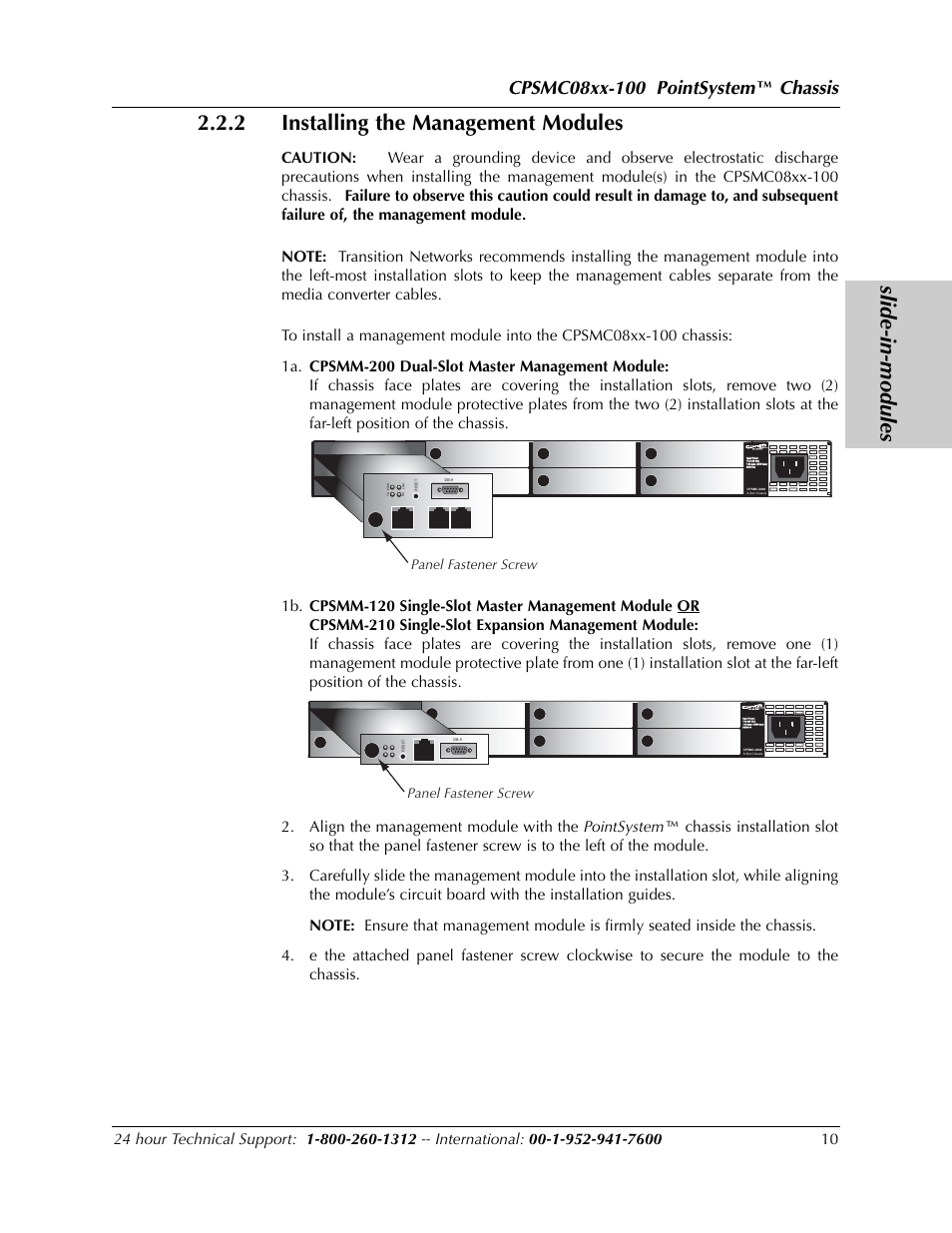 Slide-in-modules, 2 installing the management modules, Chassis | Panel fastener screw | Transition Networks POINTSYSTEM CPSMC0810-100 User Manual | Page 10 / 30