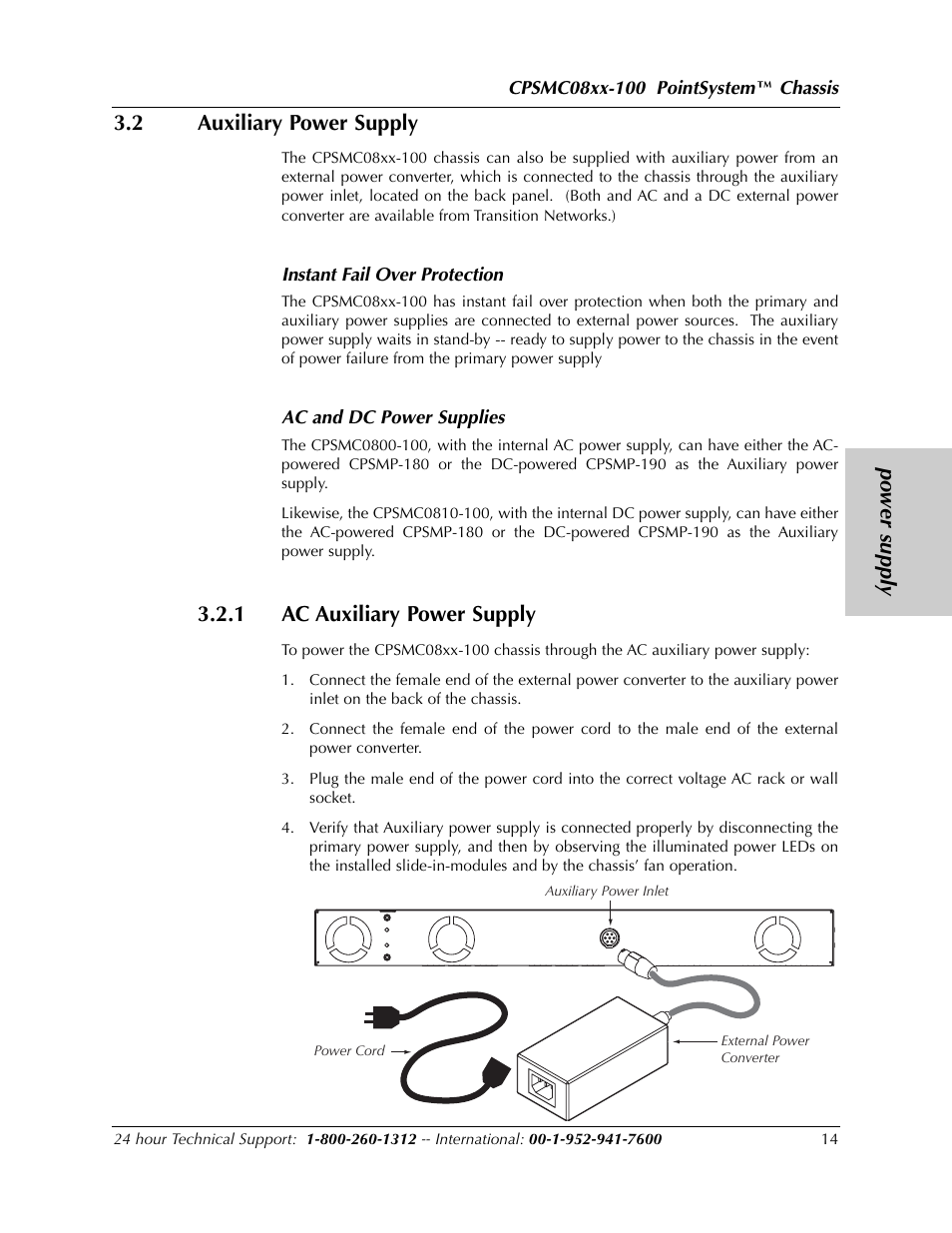 Po wer supply 3.2 auxiliary power supply, 1 ac auxiliary power supply | Transition Networks POINTSYSTEM CPSMC0810-100 User Manual | Page 14 / 30