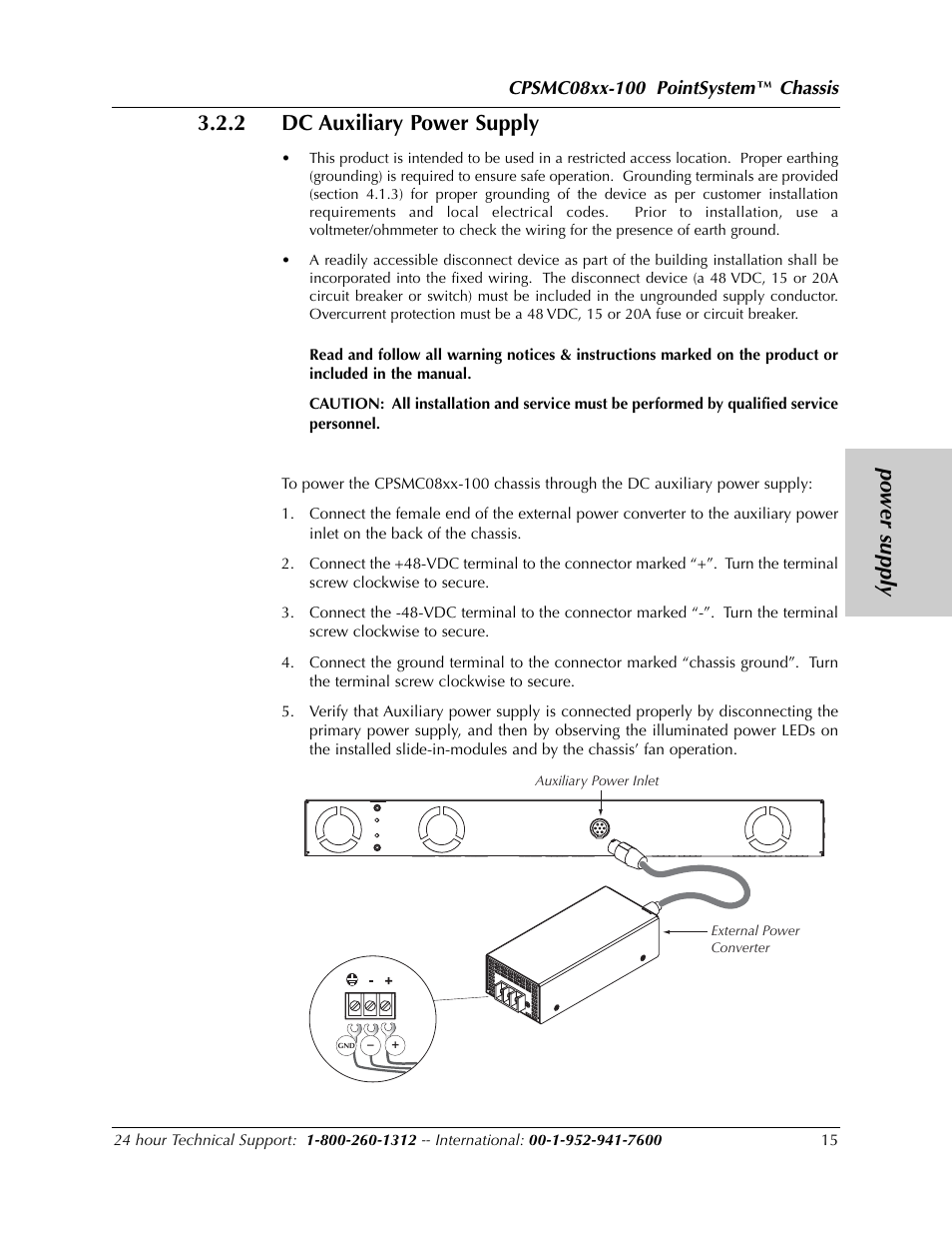 Po wer supply 3.2.2 dc auxiliary power supply, Chassis | Transition Networks POINTSYSTEM CPSMC0810-100 User Manual | Page 15 / 30