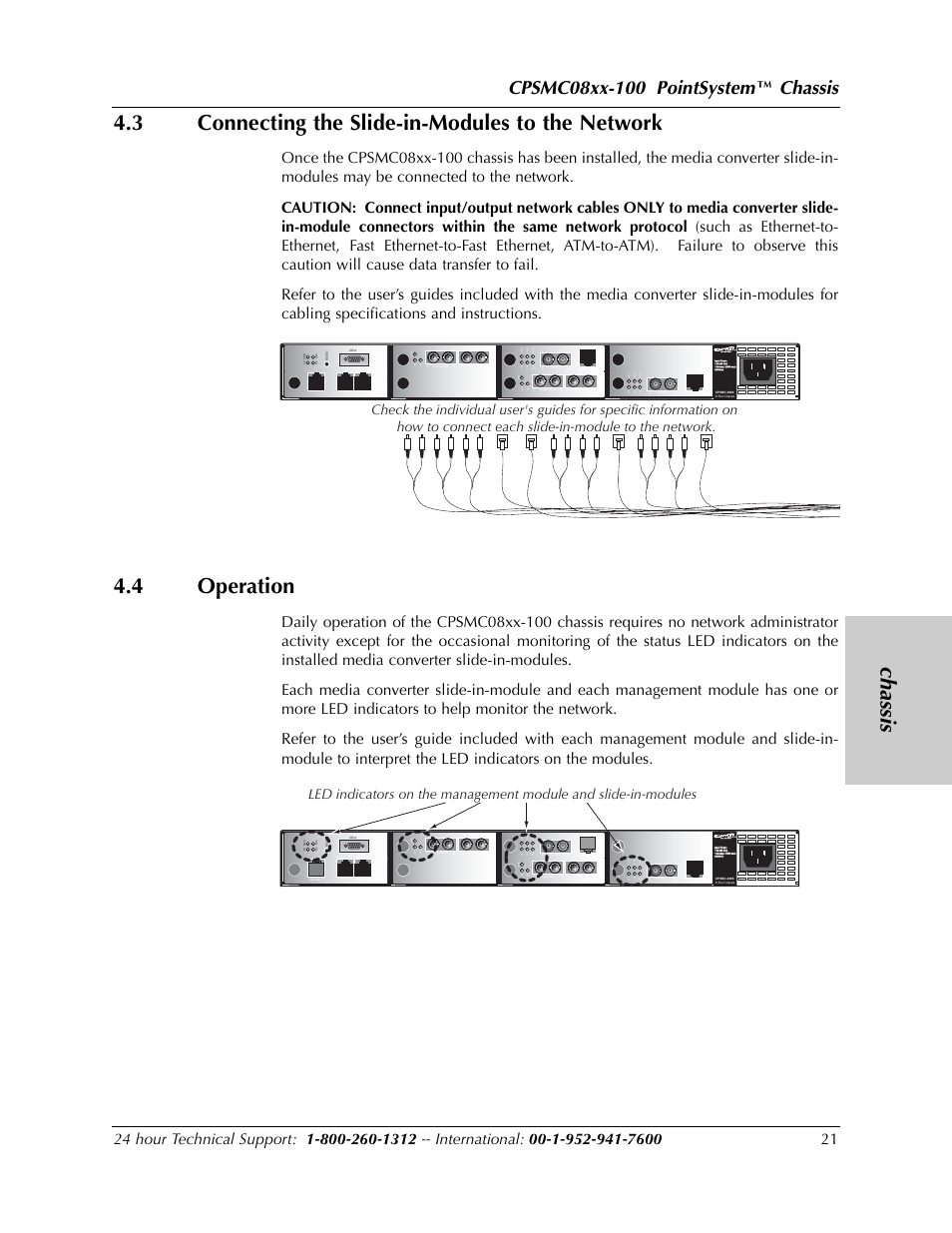 3 connecting the slide-in-modules to the network, 4 operation, Chassis | Transition Networks POINTSYSTEM CPSMC0810-100 User Manual | Page 21 / 30