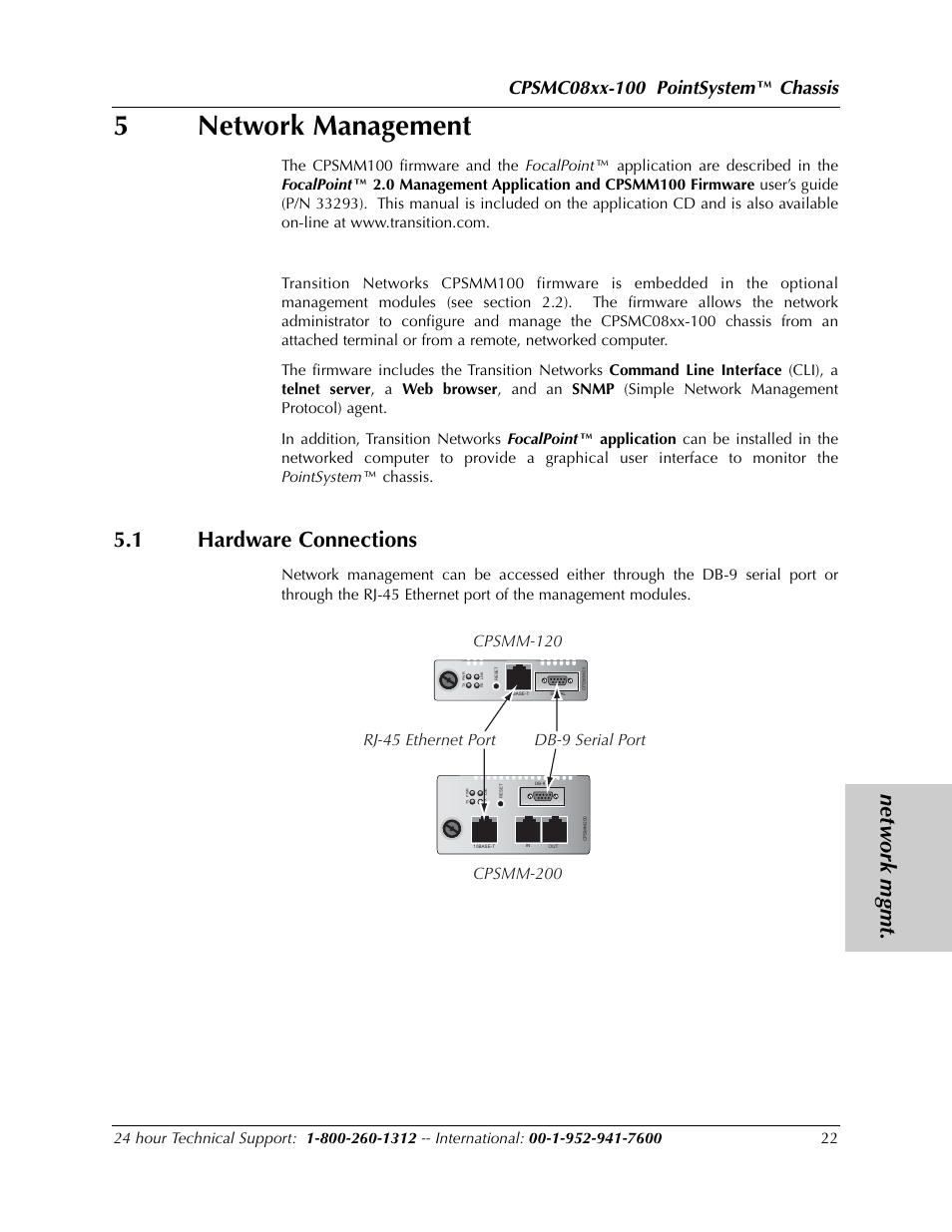 5network management, Net work mgmt, 1 hardware connections | Chassis | Transition Networks POINTSYSTEM CPSMC0810-100 User Manual | Page 22 / 30