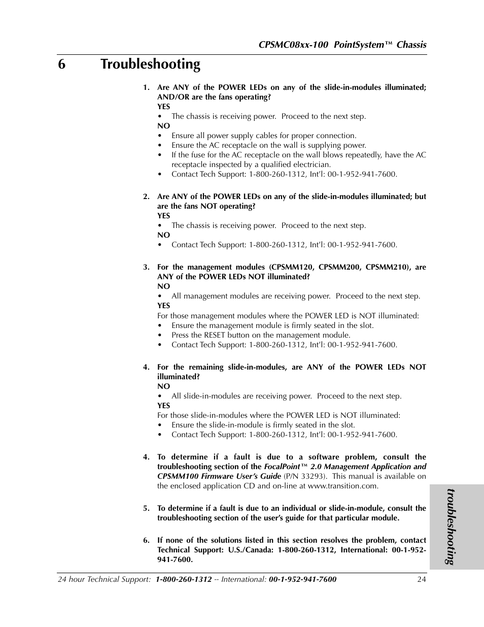 6troubleshooting, Troubleshooting | Transition Networks POINTSYSTEM CPSMC0810-100 User Manual | Page 24 / 30