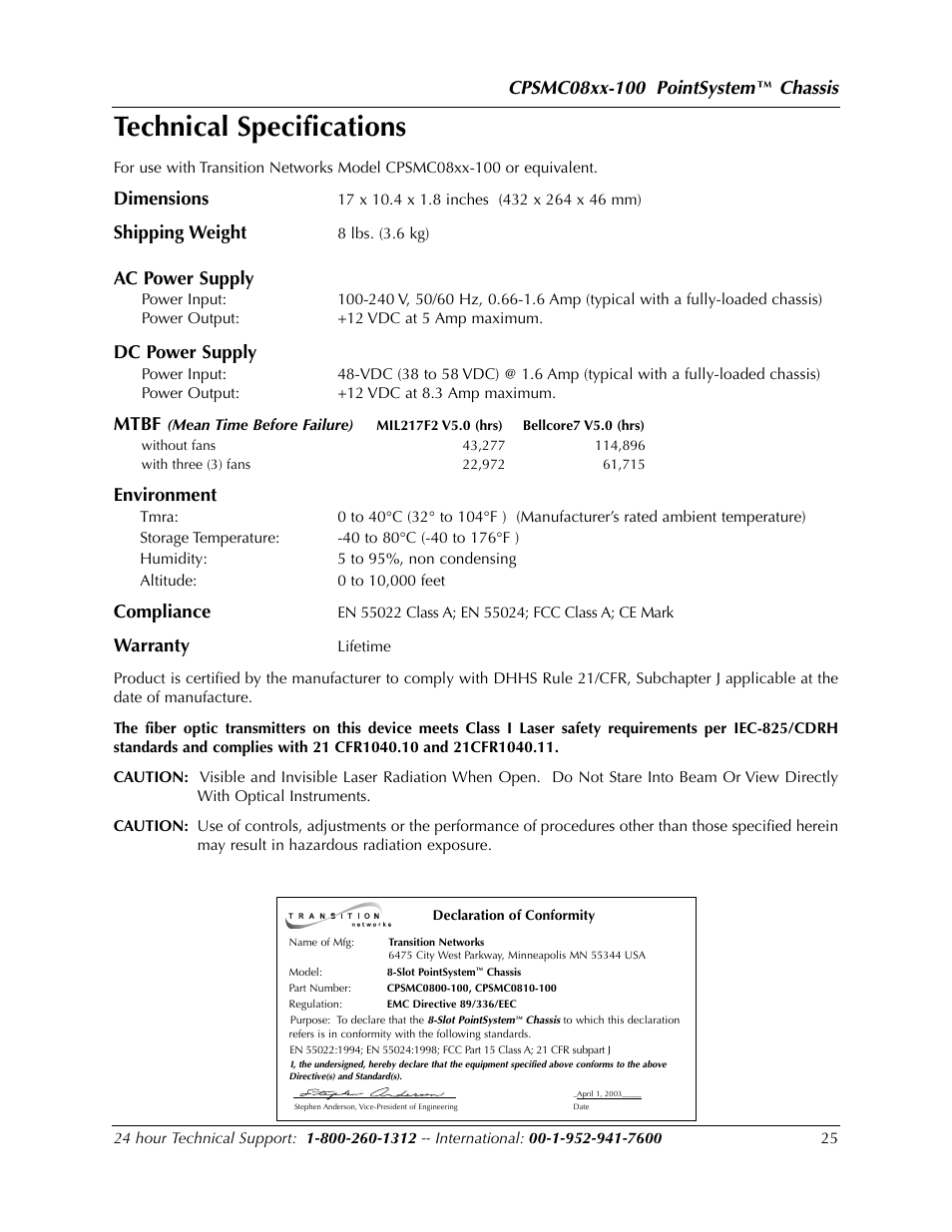 Technical specifications, Chassis, Dimensions | Shipping weight, Ac power supply, Dc power supply, Mtbf, Environment, Compliance, Warranty | Transition Networks POINTSYSTEM CPSMC0810-100 User Manual | Page 25 / 30