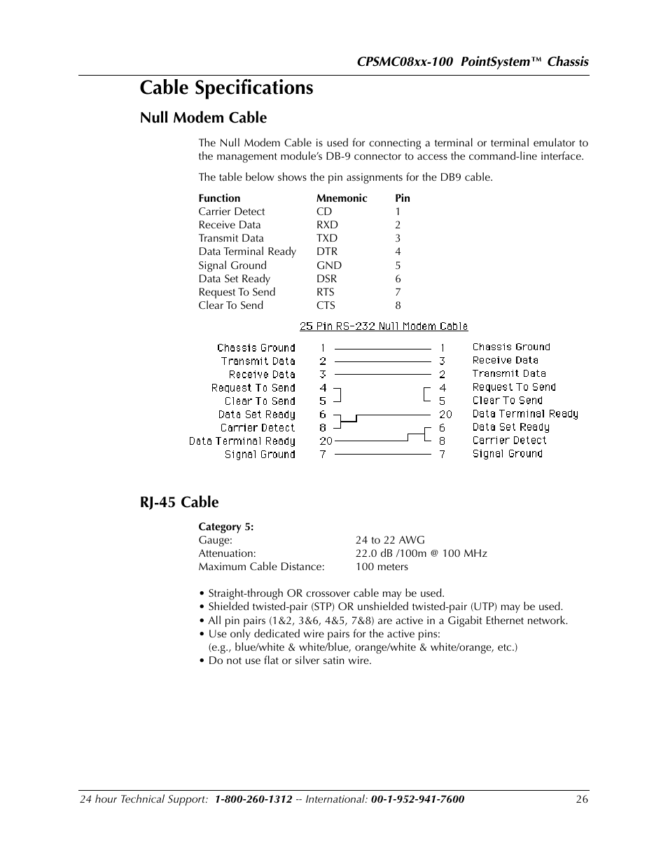 Cable specifications, Null modem cable, Rj-45 cable | Transition Networks POINTSYSTEM CPSMC0810-100 User Manual | Page 26 / 30