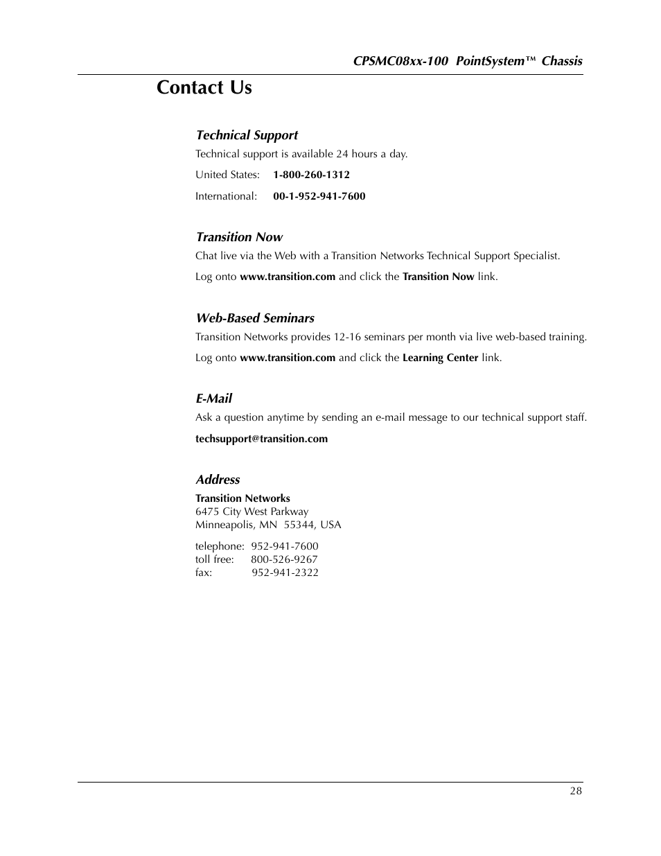 Contact us | Transition Networks POINTSYSTEM CPSMC0810-100 User Manual | Page 28 / 30