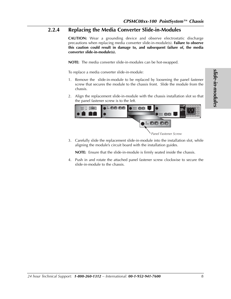 Slide-in-modules, 4 replacing the media converter slide-in-modules, Chassis | Panel fastener screw | Transition Networks POINTSYSTEM CPSMC0810-100 User Manual | Page 8 / 30