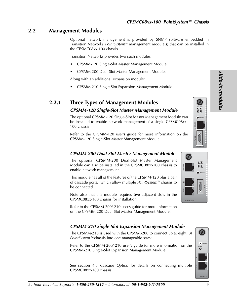 Slide-in-modules, 2 management modules, 1 three types of management modules | Chassis, Cpsmm-120 single-slot master management module, Cpsmm-200 dual-slot master management module, Cpsmm-210 single-slot expansion management module | Transition Networks POINTSYSTEM CPSMC0810-100 User Manual | Page 9 / 30