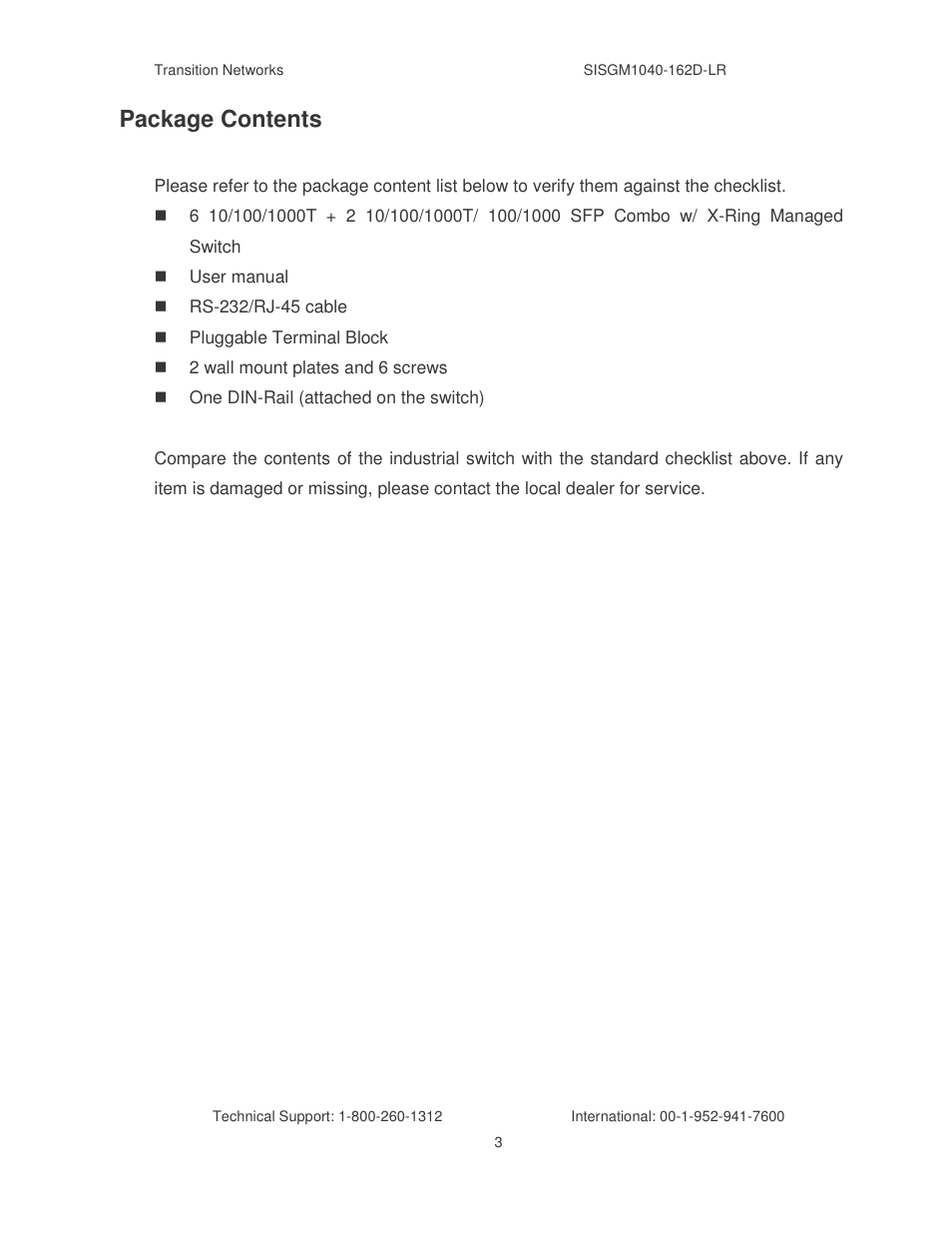 Package contents | Transition Networks SISGM1040-162D User Manual | Page 10 / 132