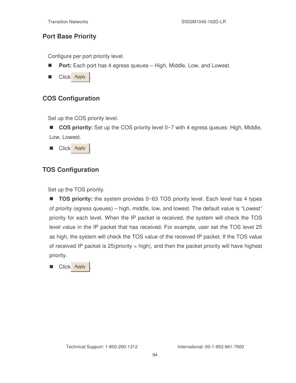 Port base priority, Cos configuration, Tos configuration | Transition Networks SISGM1040-162D User Manual | Page 101 / 132