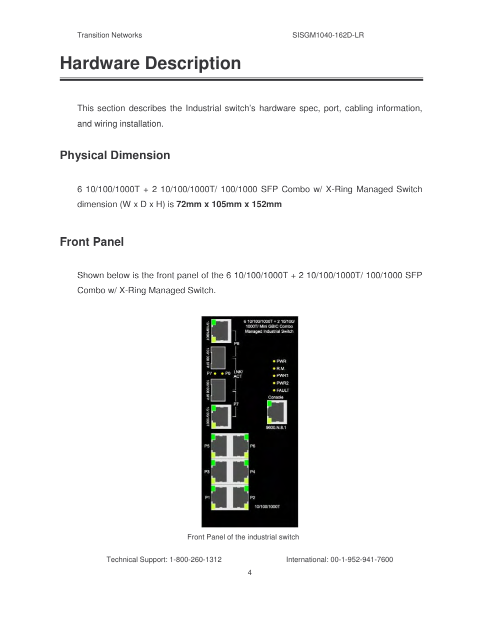 Hardware description, Physical dimension, Front panel | Transition Networks SISGM1040-162D User Manual | Page 11 / 132