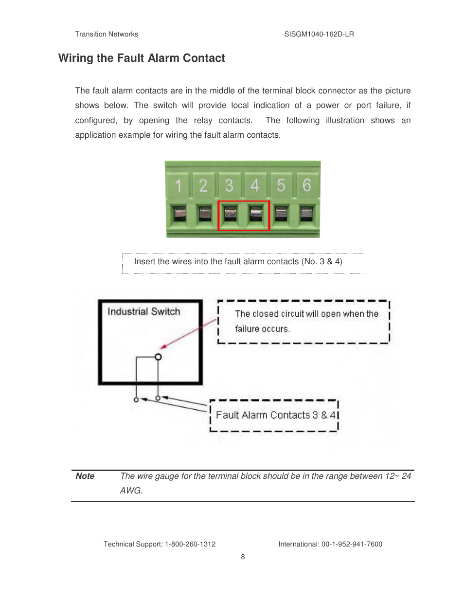Wiring the fault alarm contact | Transition Networks SISGM1040-162D User Manual | Page 15 / 132